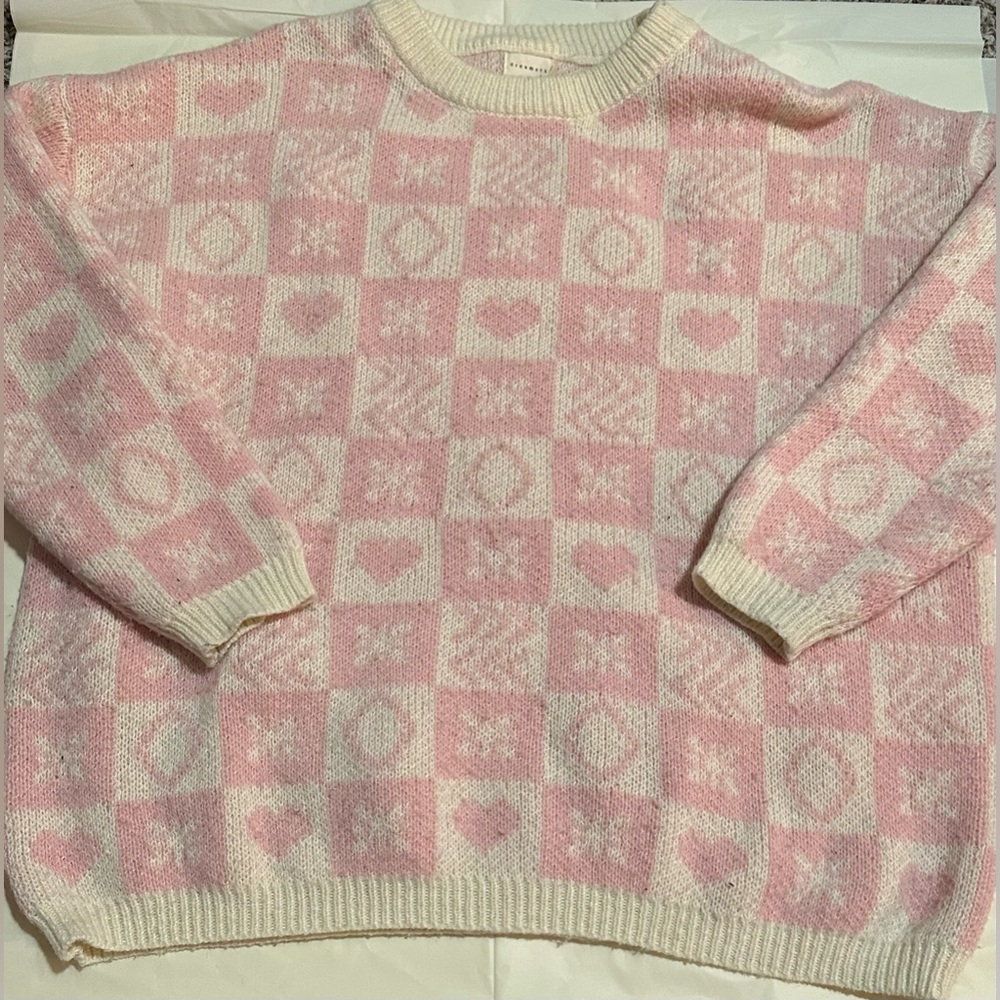 Dreamers by Debut Pink Heart Checkered Knit Sweater – Women’s Size Small